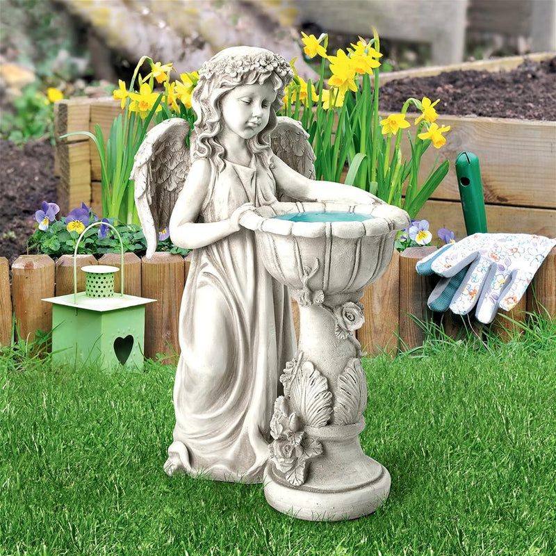 Load image into Gallery viewer, Small girl holding birdbath angel ﻿garden statue decor.
