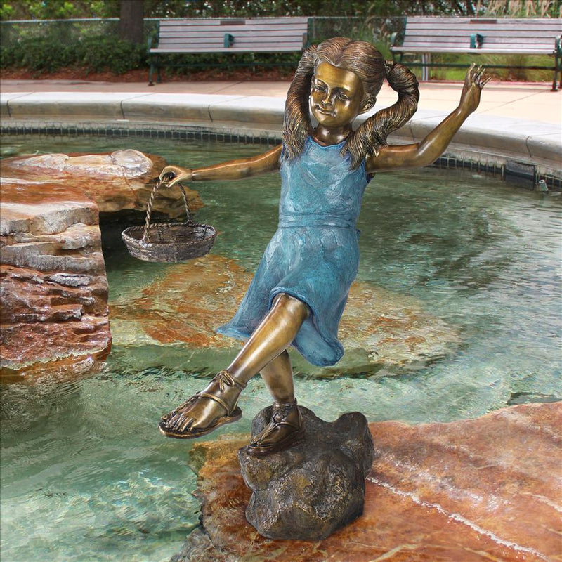 Load image into Gallery viewer, little girl playing bronze garden statue
